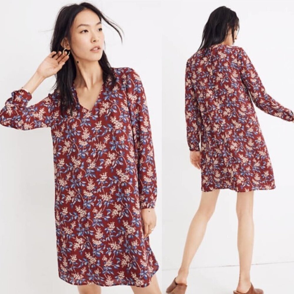 Madewell EUC Floral Dress Button-Back Lined Long Sleeve V-Neck Women's Small S